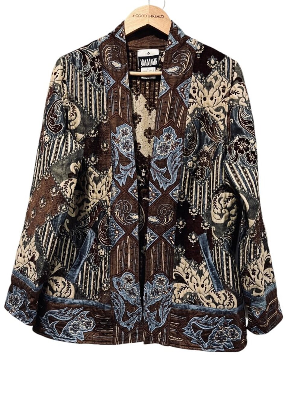 Yak Magik Artisan Boho Patchwork Jacket, Brown Blue, L
